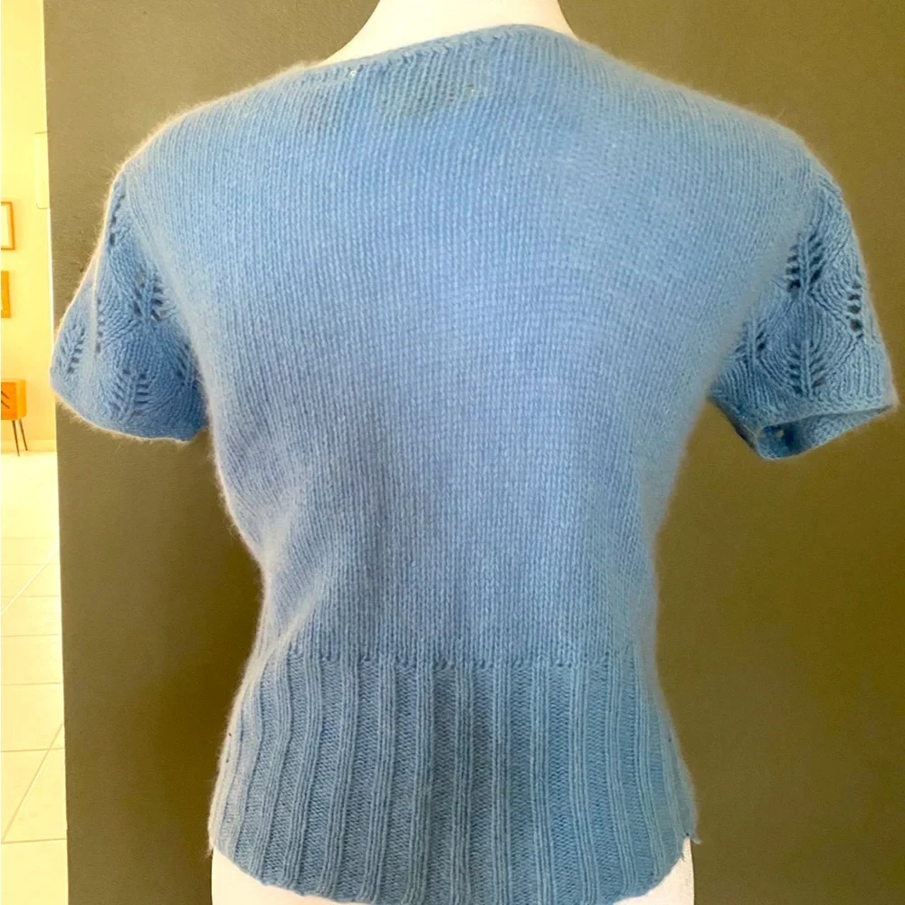 VTG 60s Blue Angora Wool Blend Short Sleeve Sweater XS S Doen Vibes - Picture 2 of 6